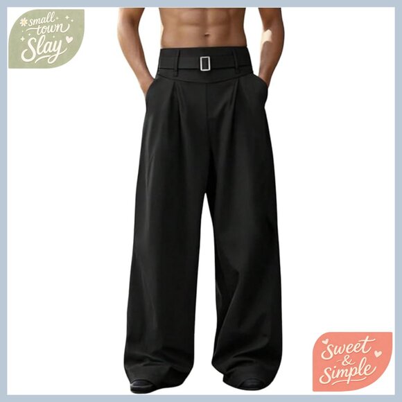 Men's Wide Leg Dress Pants High Waisted Pleated Business Casual Slacks